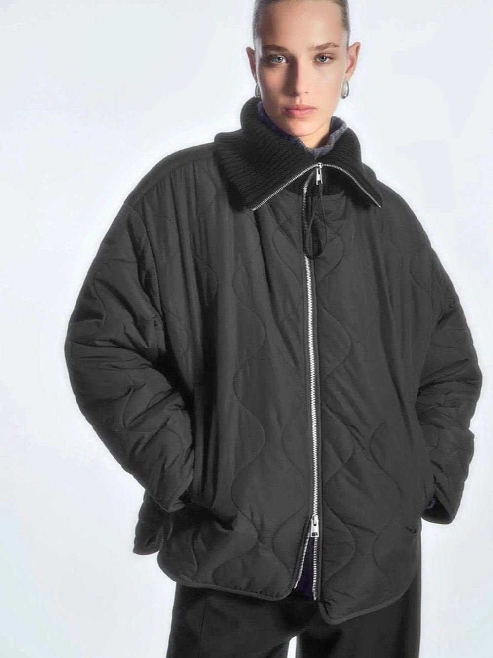 COS Oversized Knitted-Collar Quilted Jacket Black